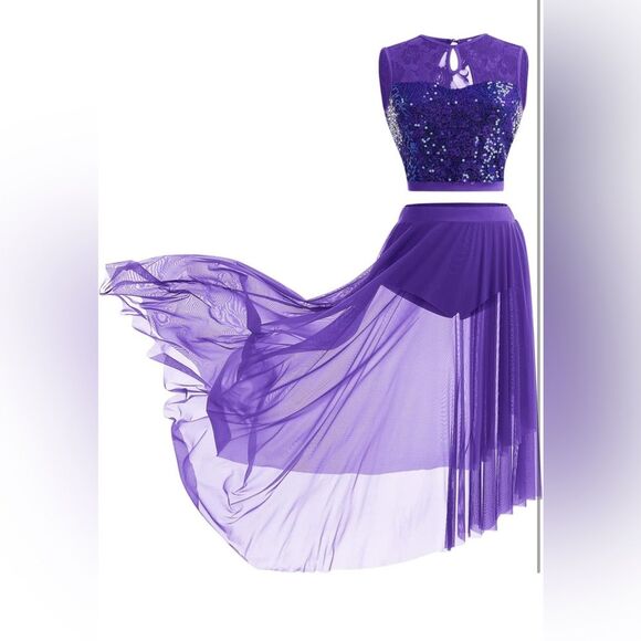 Women's Sequin Lace Floral Crop Top Asymmetrical Flowy Mesh Tulle Skirt SET NWT - Picture 4 of 7